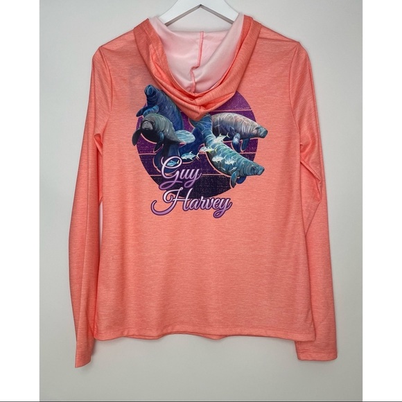 NWT Guy Harvey Long Sleeve UPF 30 Manatee Hoodie Graphic Peach/Orange Sz Small - Picture 6 of 8